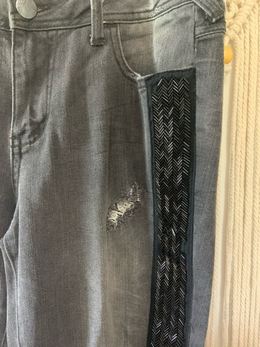 FREE PEOPLE Summer Solstice Tuxedo Distressed Washed Black Beaded Jeans 29 - Picture 13 of 15